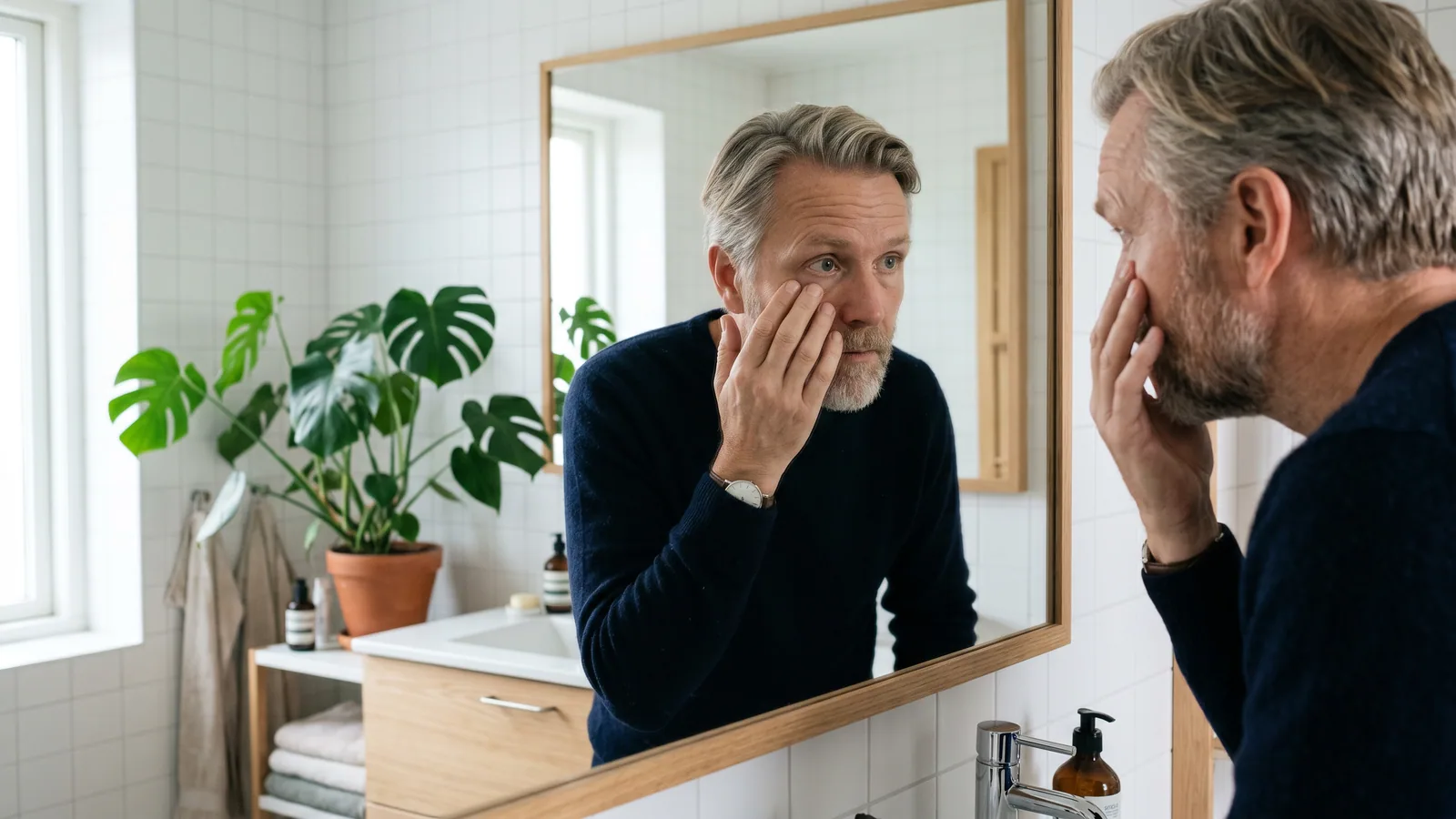 En man i femtioårsåldern står vid en ljus badrumsspegel och undersöker noga sitt ena öga i morgonljuset.