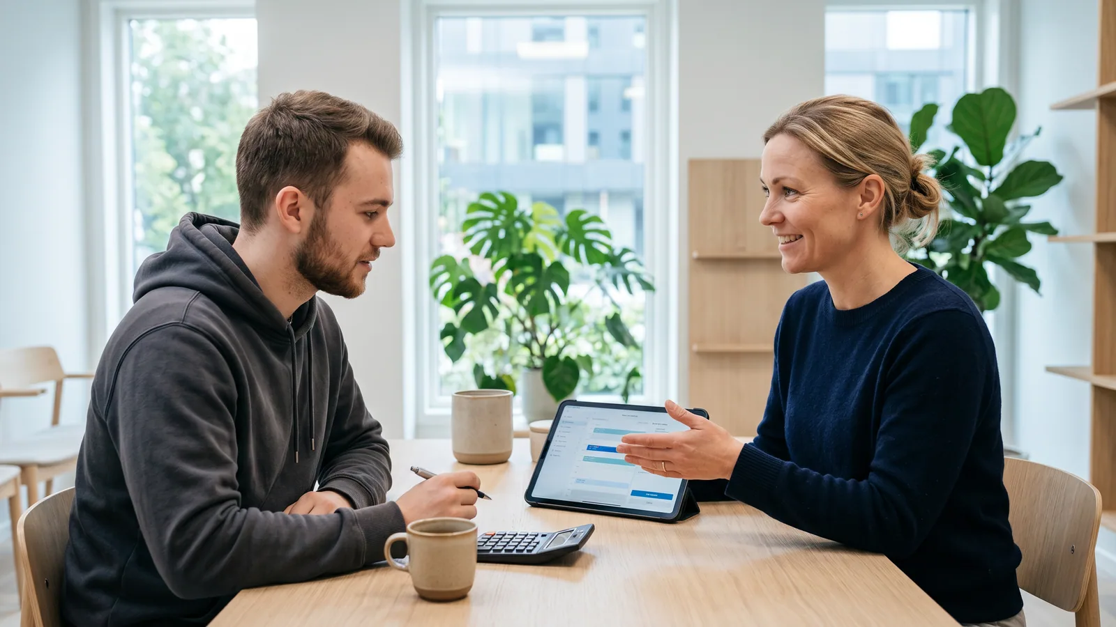 En ung man och en klinikrådgivare sitter vid ett ljust träbord på en ljus ögonklinik och går igenom en avbetalningsplan på en surfplatta, med en miniräknare på bordet.