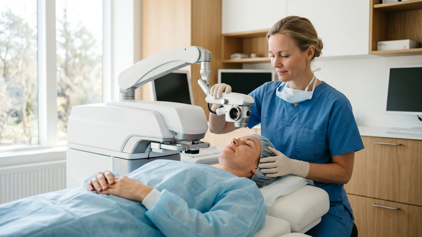 Patient ligger på behandlingsbänken på operationsdagen medan en ögonkirurg i operationskläder positionerar lasern över ögat i en ljus klinik.