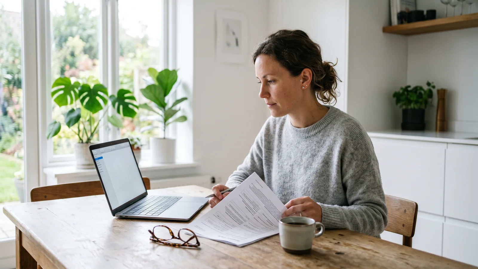 En kvinna sitter vid ett ljust köksbord med laptop och papper och går igenom försäkringsvillkor i ett skandinaviskt hem.