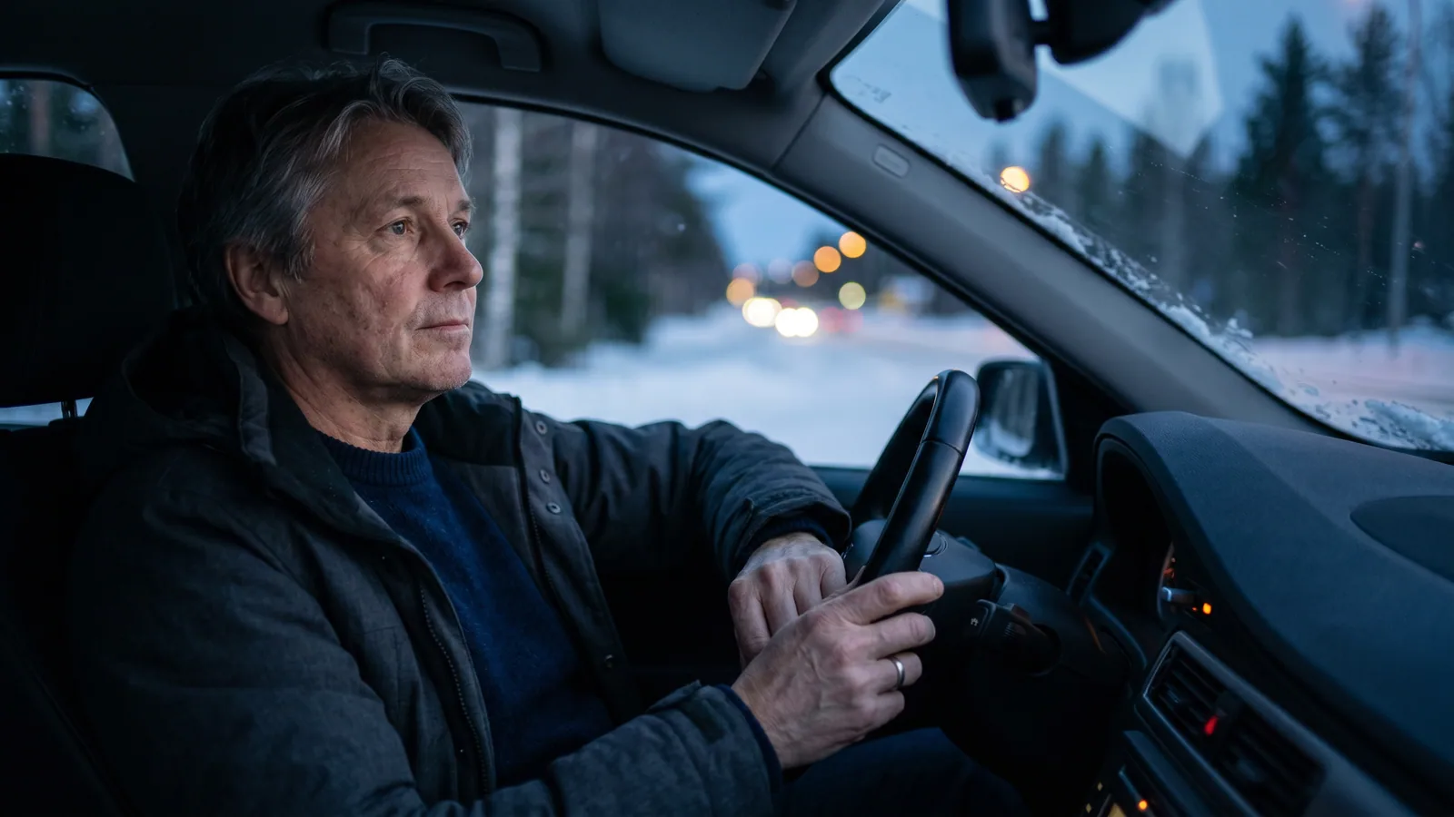 En bilväg i vintermörker sedd genom vindrutan, med suddiga ljusringar runt mötande strålkastare