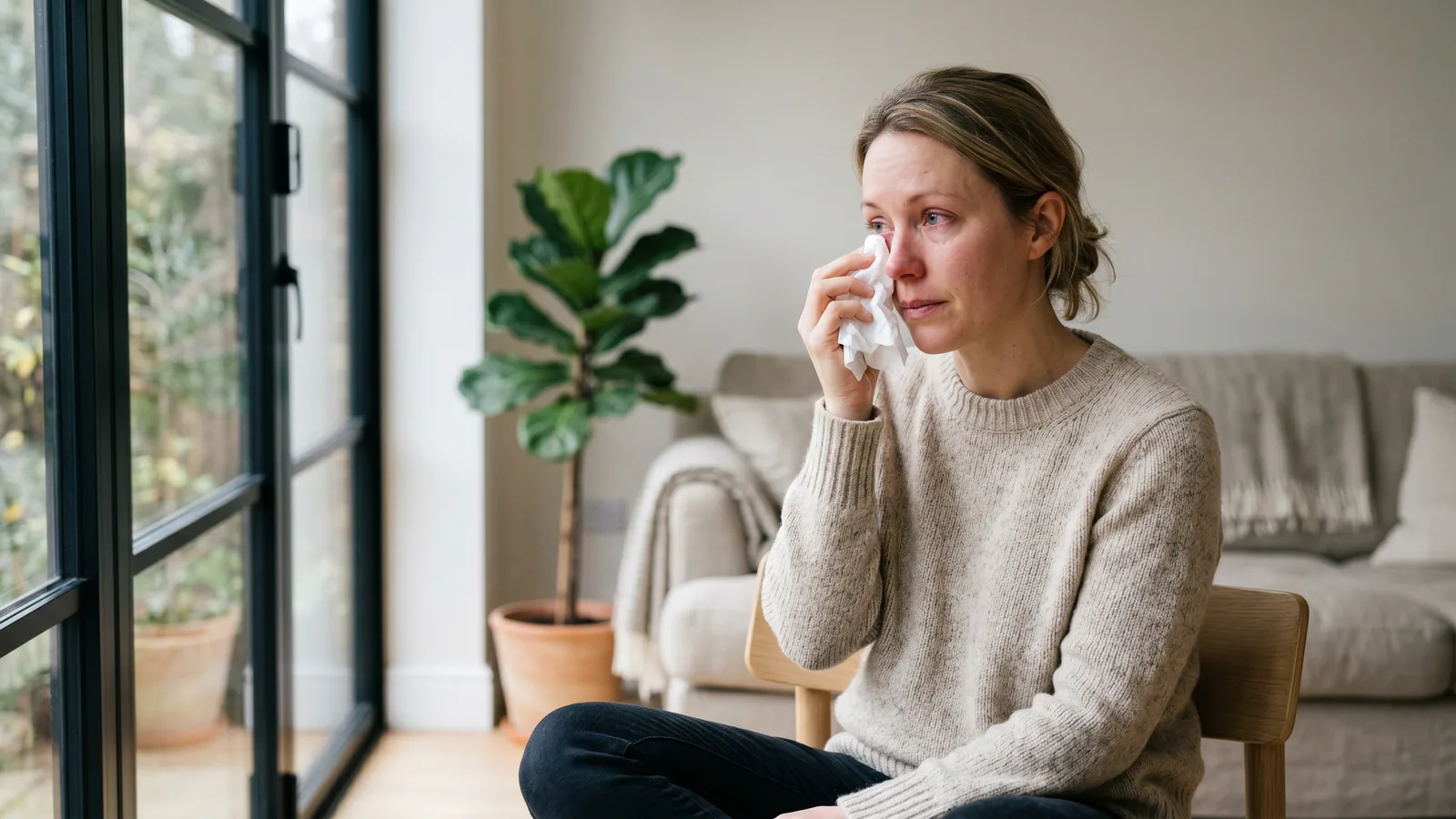 Kvinna sitter vid ett fönster i ett ljust vardagsrum och torkar försiktigt ett rött, rinnande öga med en näsduk.