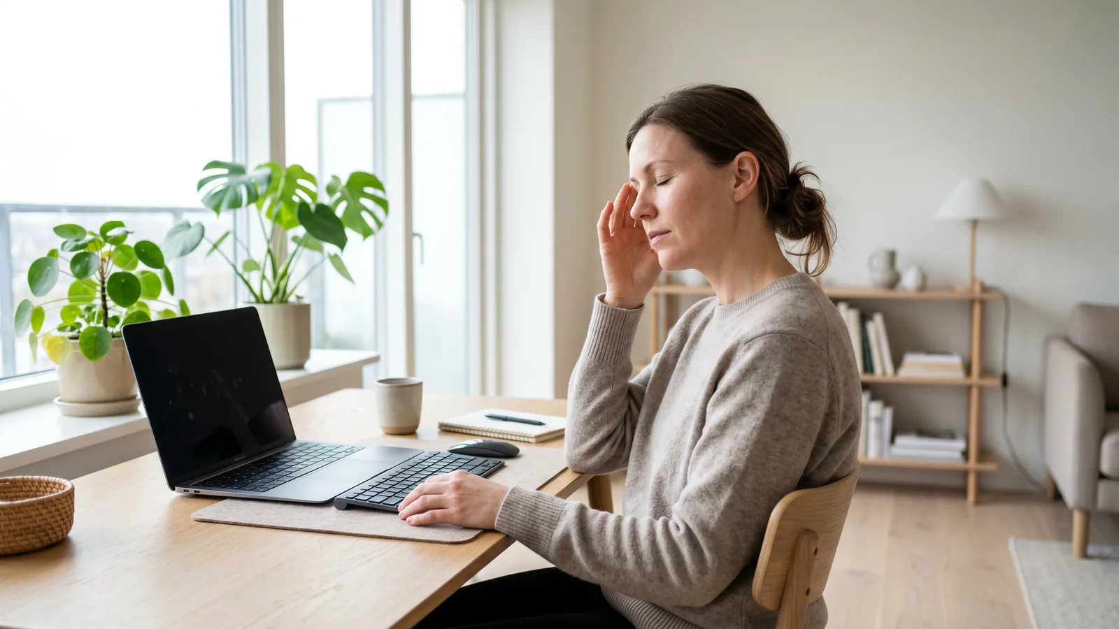 Kvinna vid ett ljust hemmakontor tar en paus från laptopen och håller fingertopparna mot tinningen med ögonen slutna.