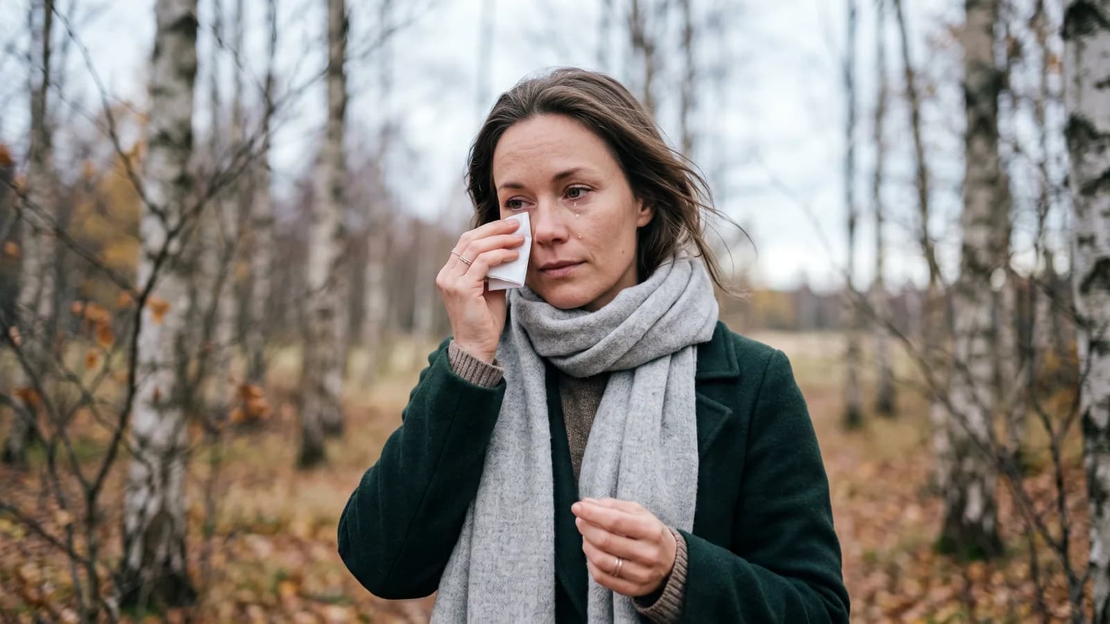 En kvinna utomhus en kall höstdag torkar försiktigt ett rinnande öga med en pappersnäsduk, med en tår på kinden och björkar i bakgrunden.