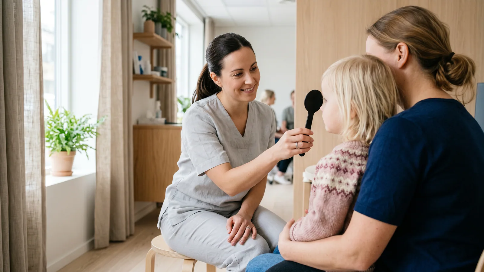 Ett barn med glasögon tittar uppmärksamt mot ett fönster i ett ljust nordiskt rum, det ena ögat lätt vänt inåt