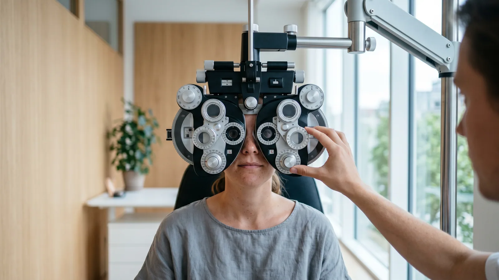 Patient tittar genom en foropter under en synundersökning, medan optikern justerar linserna.