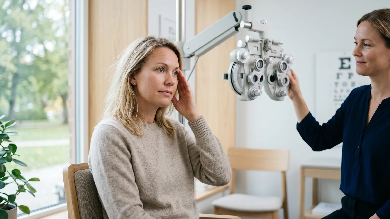 En kvinna i en ljus skandinavisk ögonklinik håller handen vid tinningen och ser suddigt ut i rummet, med en optiker och en synundersökningsapparat i bakgrunden.