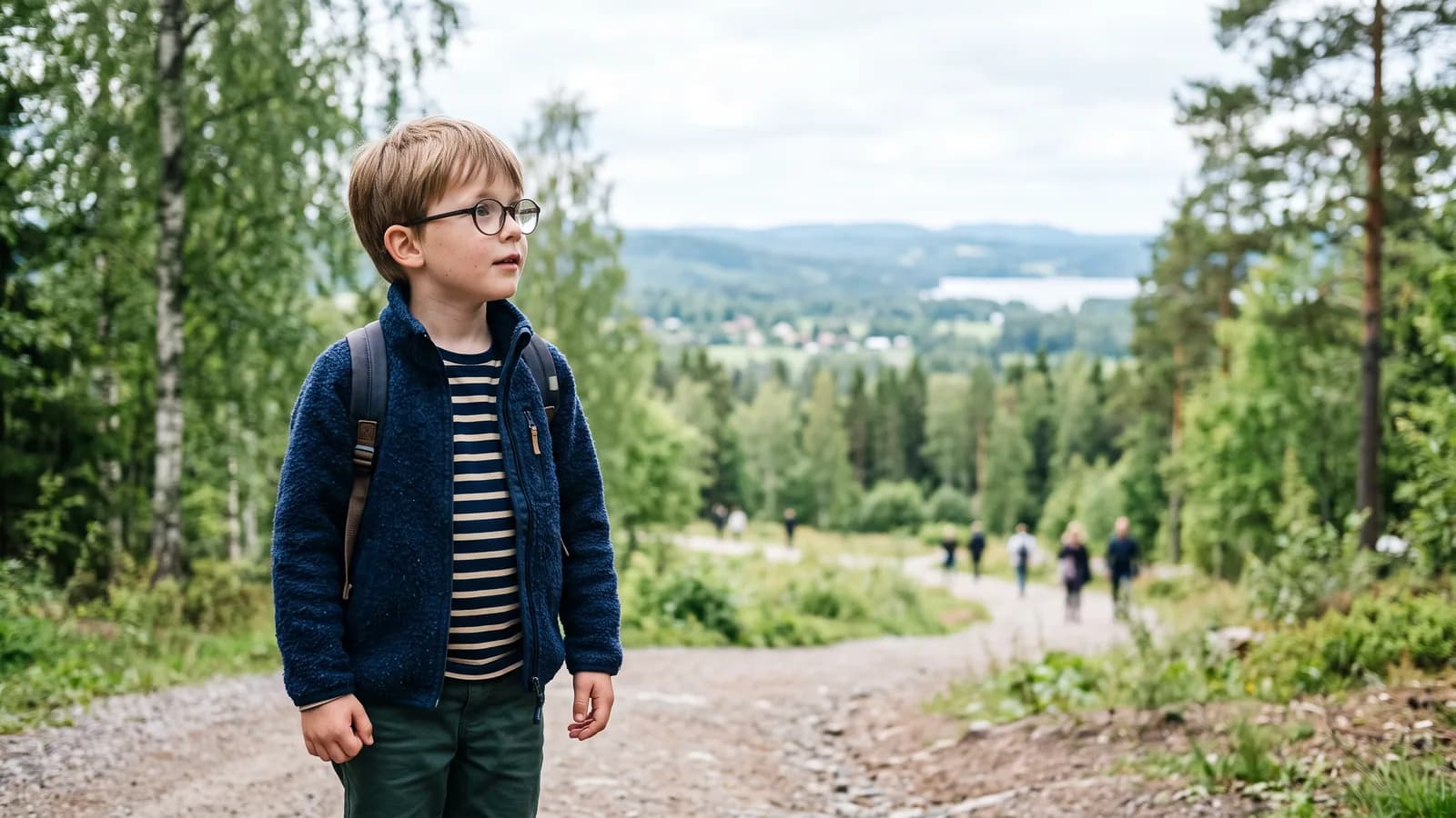 Ett barn i skolåldern med glasögon står ute i ett ljust nordiskt parklandskap och tittar nyfiket mot horisonten