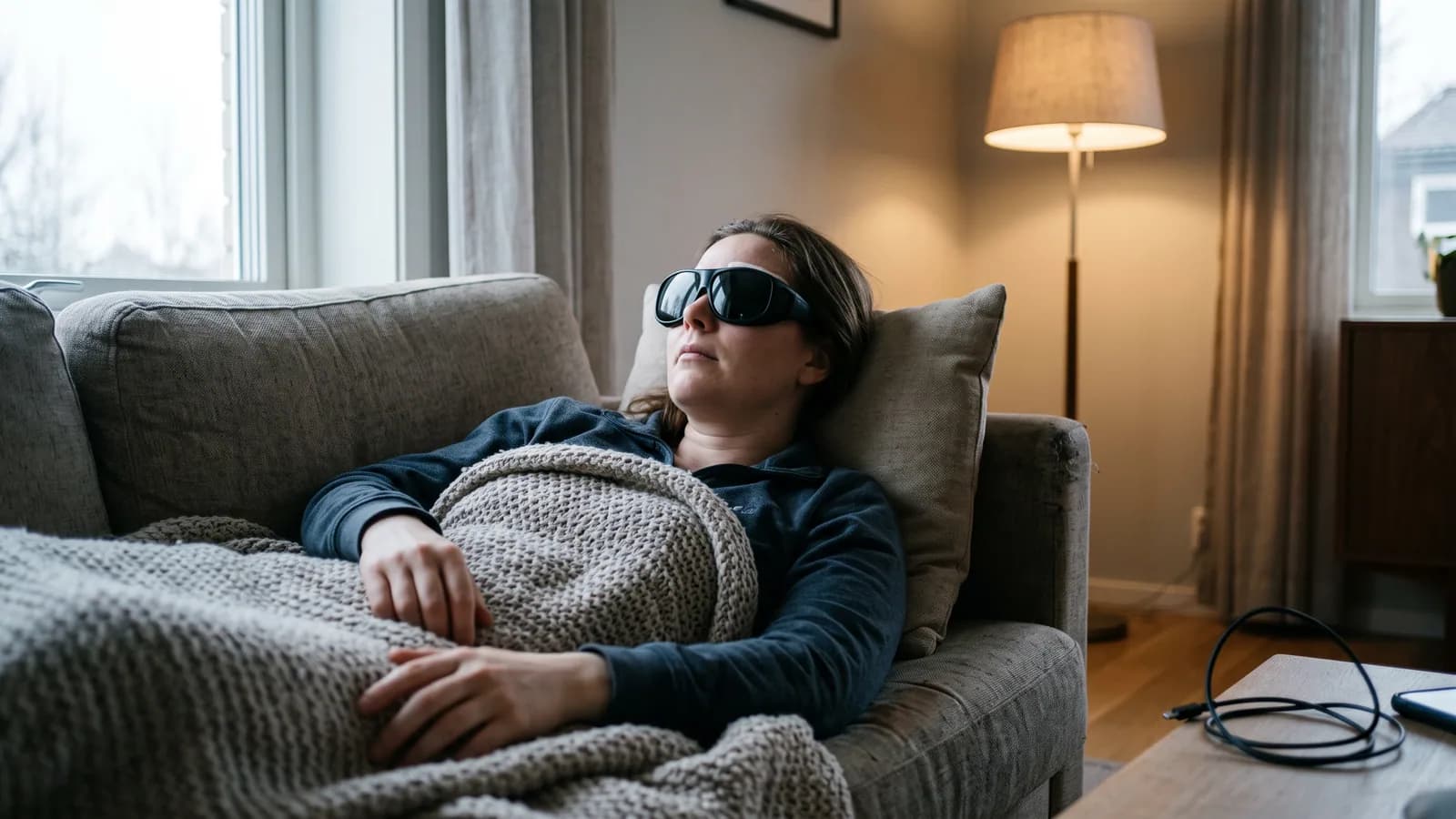 Person vilar hemma med mörka solglasögon dagen efter ögonlaser