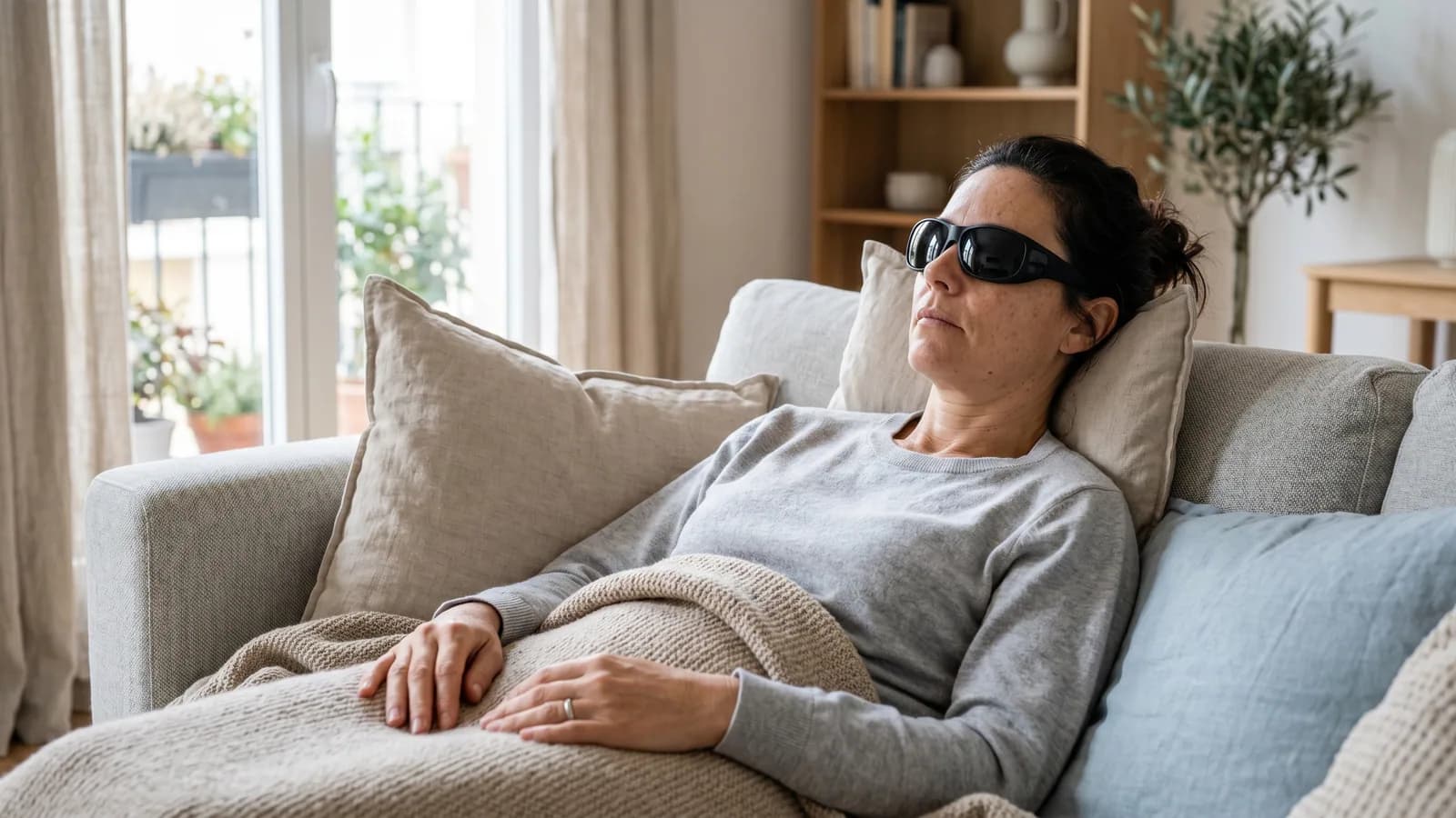 Person vilar hemma med mörka solglasögon dagen efter ögonlaser