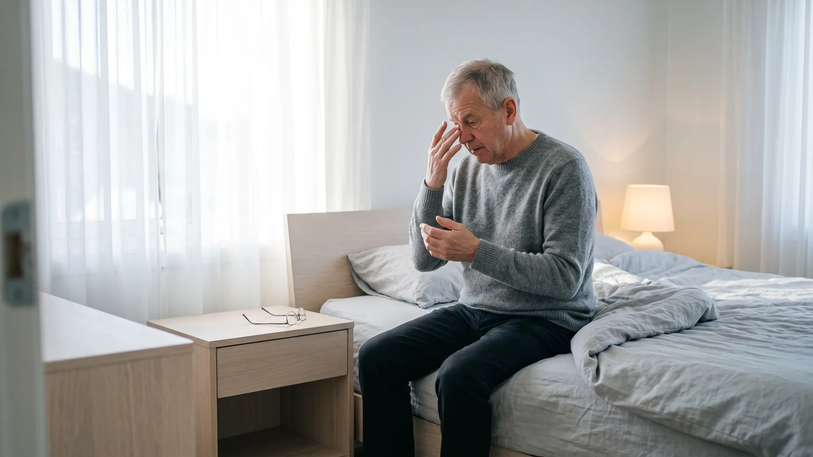 En man i 70-årsåldern sitter på sängkanten i ett nordiskt sovrum i tidigt morgonljus och för handen mot ena ögat