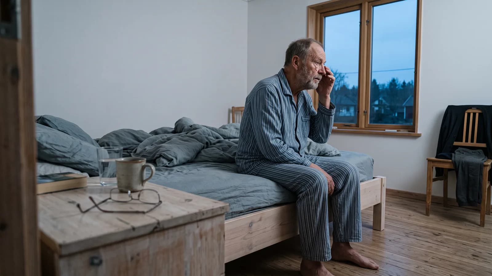 En man i 70-årsåldern sitter på sängkanten i ett nordiskt sovrum i tidigt morgonljus och för handen mot ena ögat