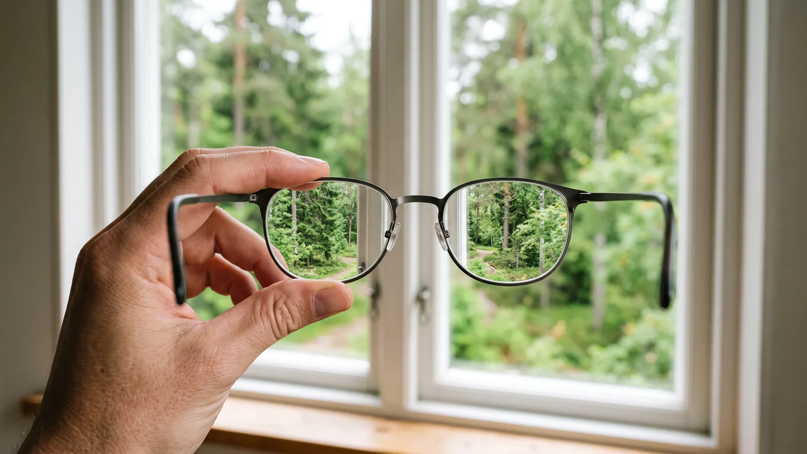 En hand håller ett par glasögon mot ett fönster; skogen utanför syns skarp genom glasen och suddig runt omkring