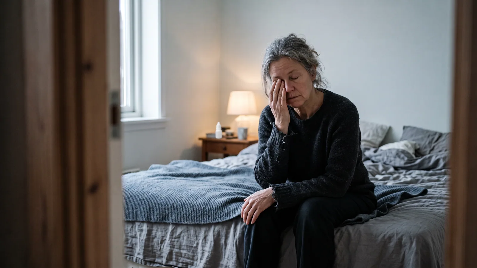 En kvinna i femtioårsåldern sitter på sängkanten i tidigt morgonljus och håller handryggen mot det ena slutna ögat