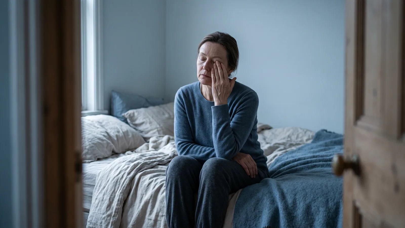 En kvinna i femtioårsåldern sitter på sängkanten i tidigt morgonljus och håller handryggen mot det ena slutna ögat