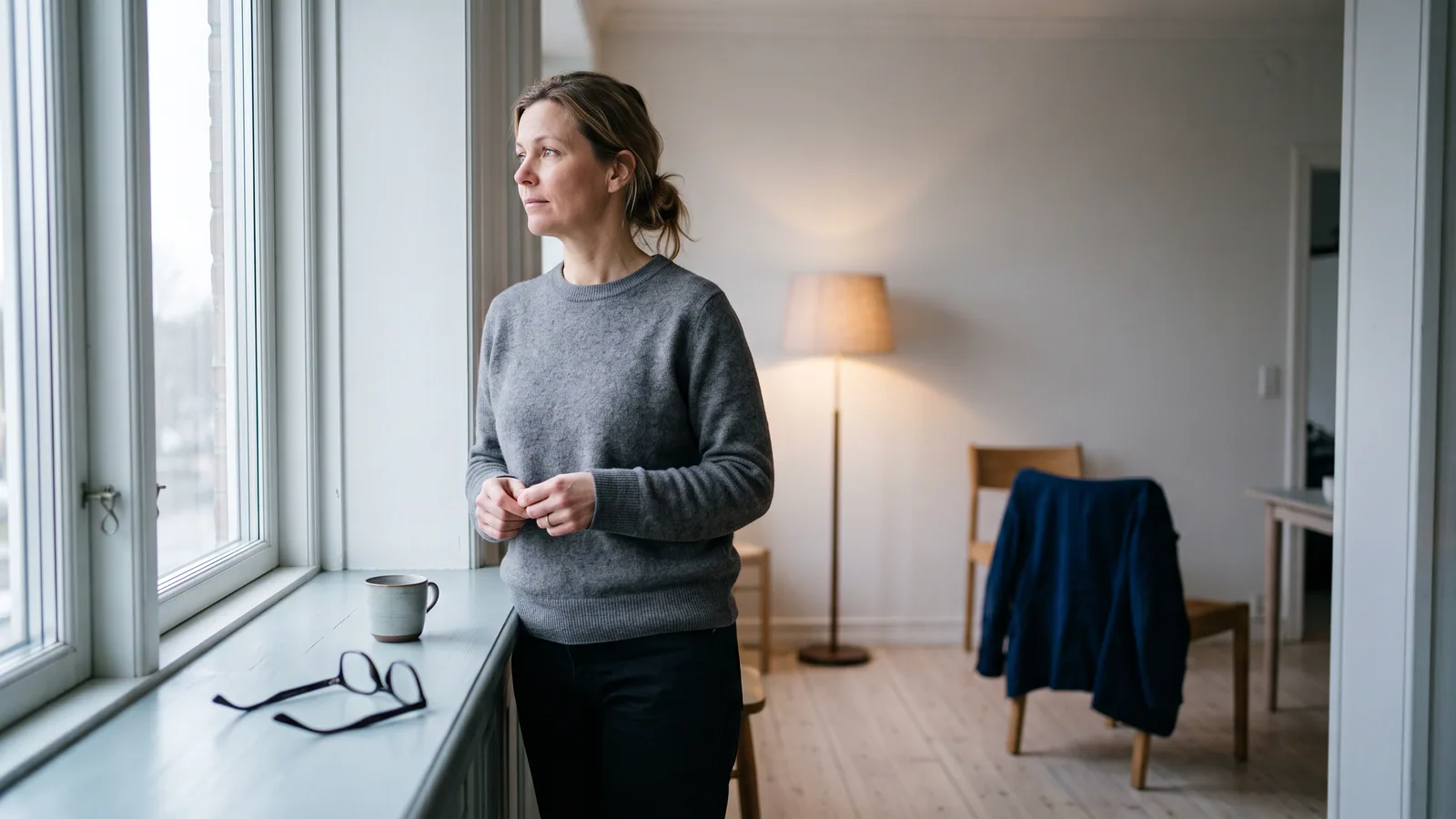 Kvinna i fyrtioårsåldern står vid ett stort fönster med utsikt över ett nordiskt landskap och ser eftertänksam ut, med ett hopvikt par glasögon undanlagt på fönsterbrädan