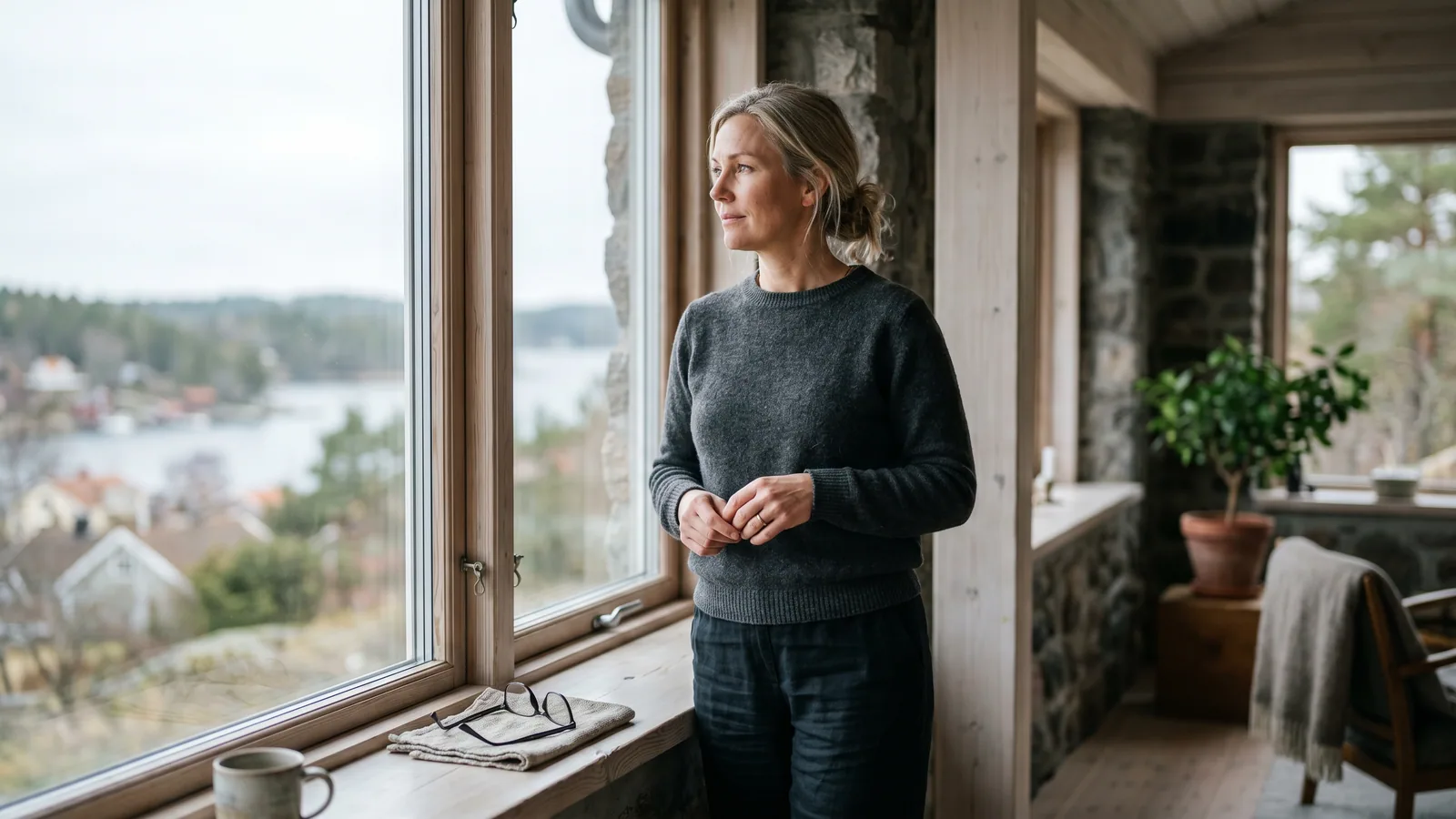 Kvinna i fyrtioårsåldern står vid ett stort fönster med utsikt över ett nordiskt landskap och ser eftertänksam ut, med ett hopvikt par glasögon undanlagt på fönsterbrädan