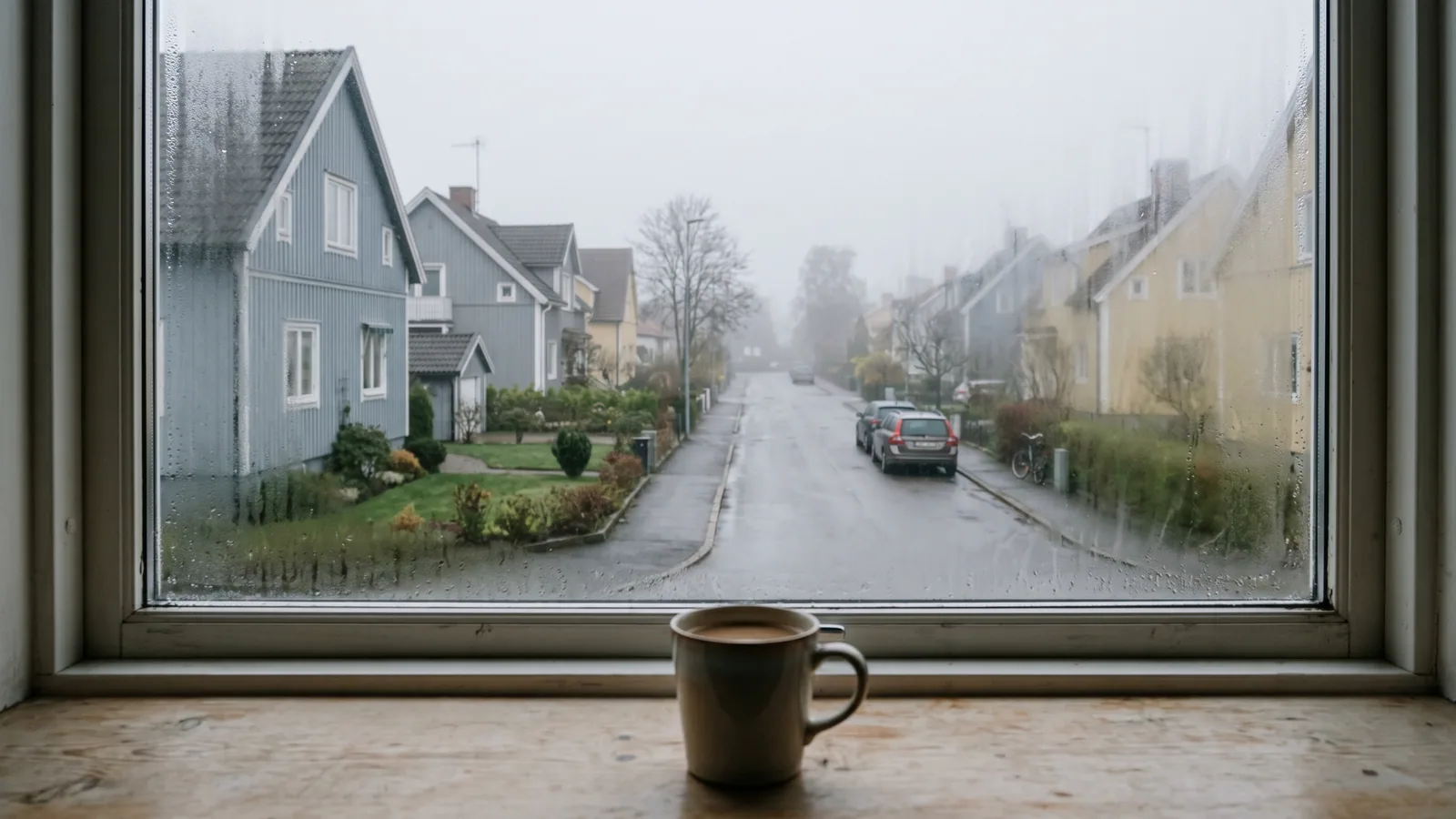 Utsikt genom en lätt immig fönsterruta mot en lugn nordisk gata en grå morgon, som en bild av hur synen gradvis blir dimmig