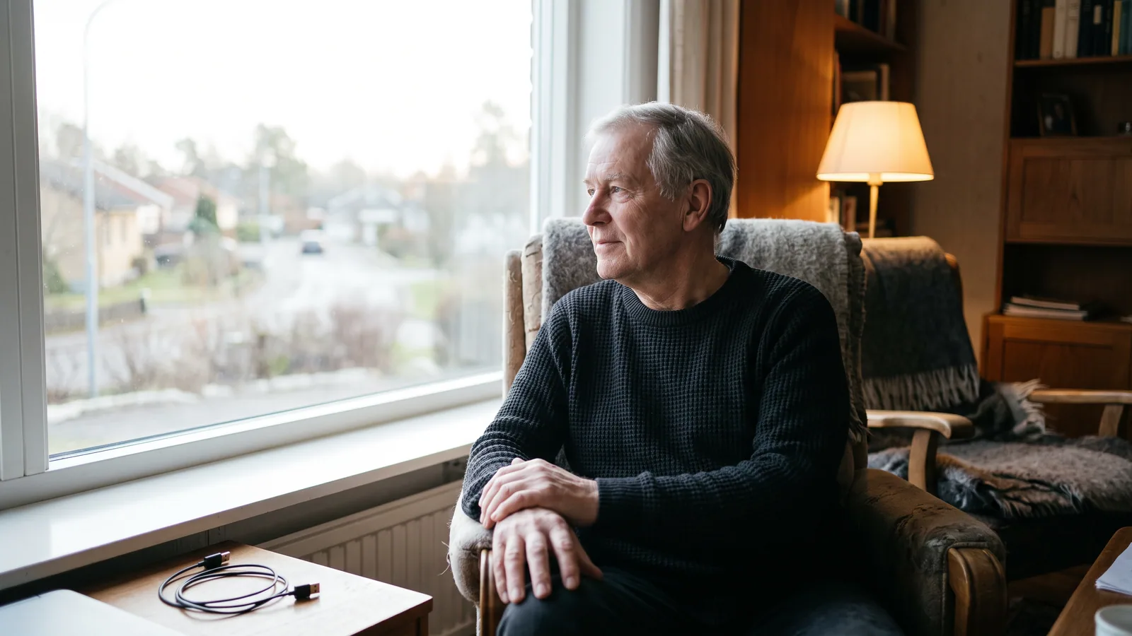 Äldre man tittar ut genom ett fönster i dämpat ljus