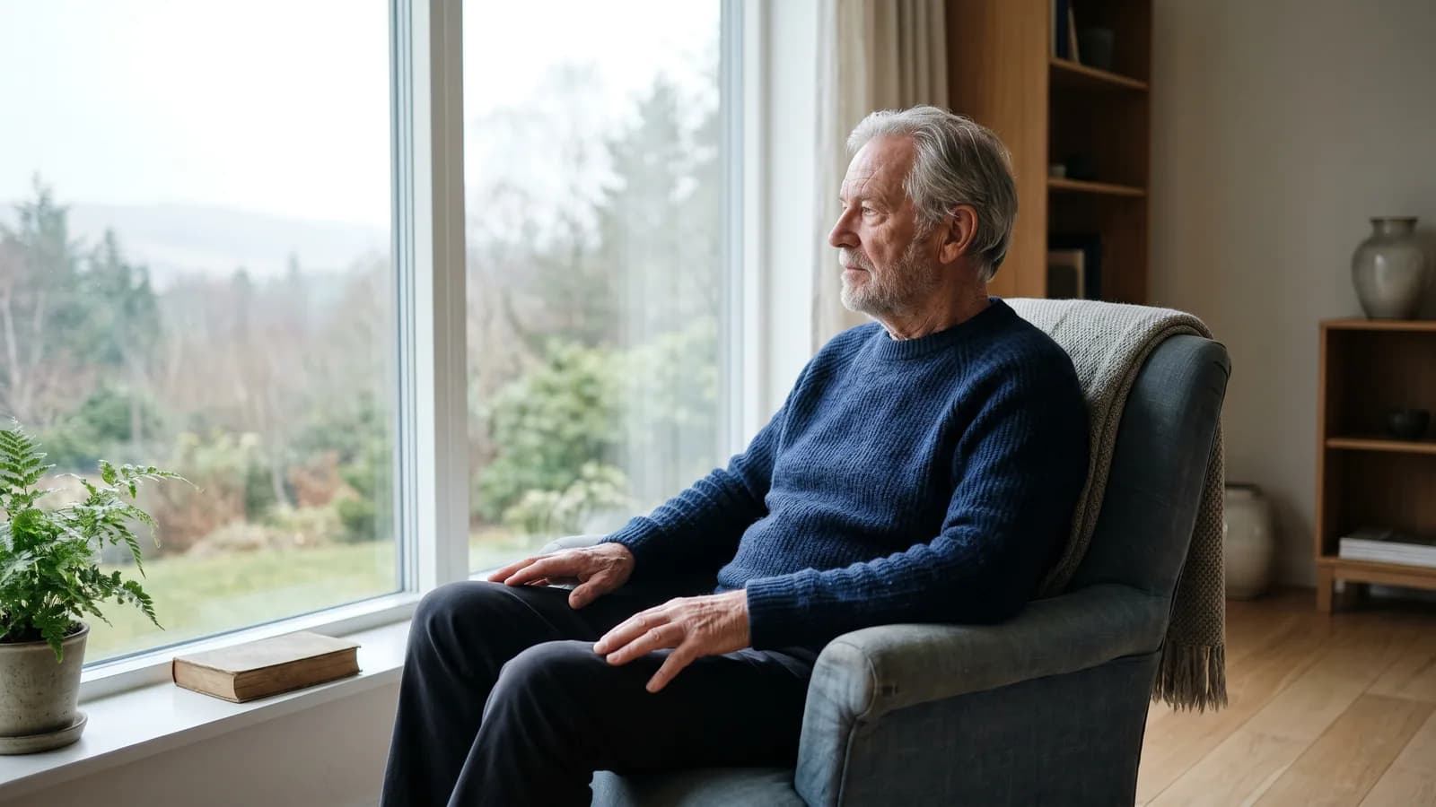 Äldre man tittar ut genom ett fönster i dämpat ljus