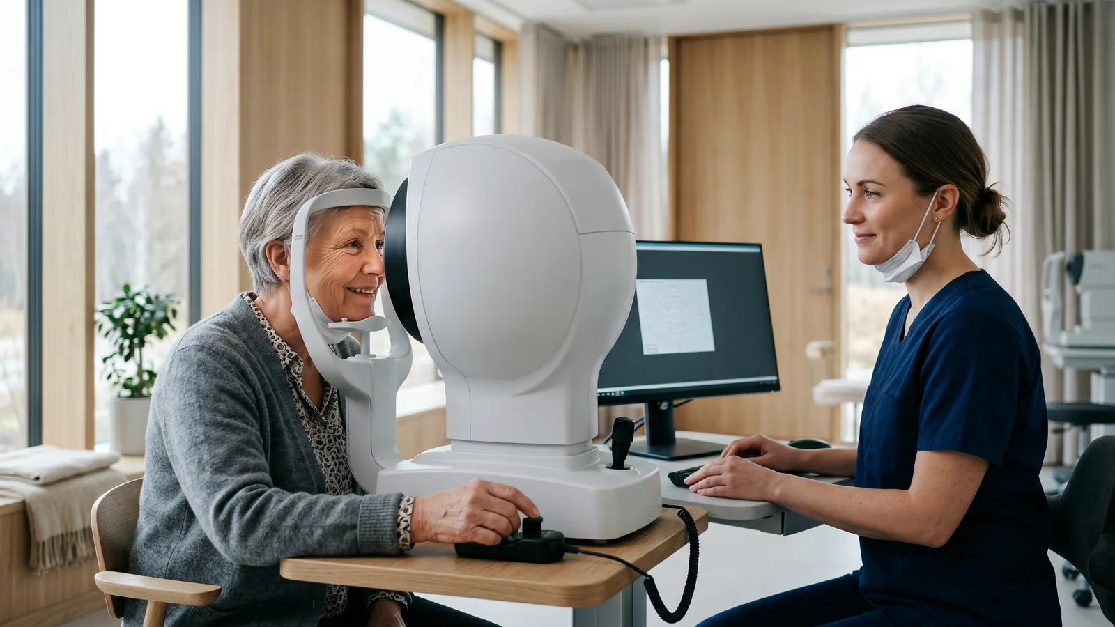 Äldre kvinna får sina ögon undersökta med en ögonskanner hos en optiker i en ljus skandinavisk klinik.