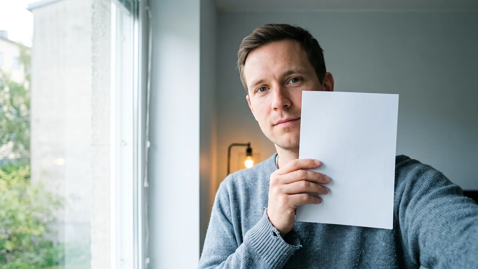 En man i 30-årsåldern står vid ett fönster i dagsljus och håller ett vitt papper intill kinden för att jämföra färgen med ögonvitan.