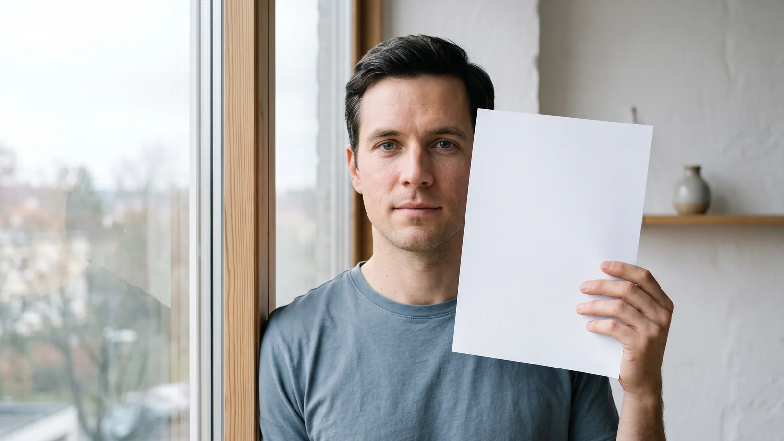 En man i 30-årsåldern står vid ett fönster i dagsljus och håller ett vitt papper intill kinden för att jämföra färgen med ögonvitan.