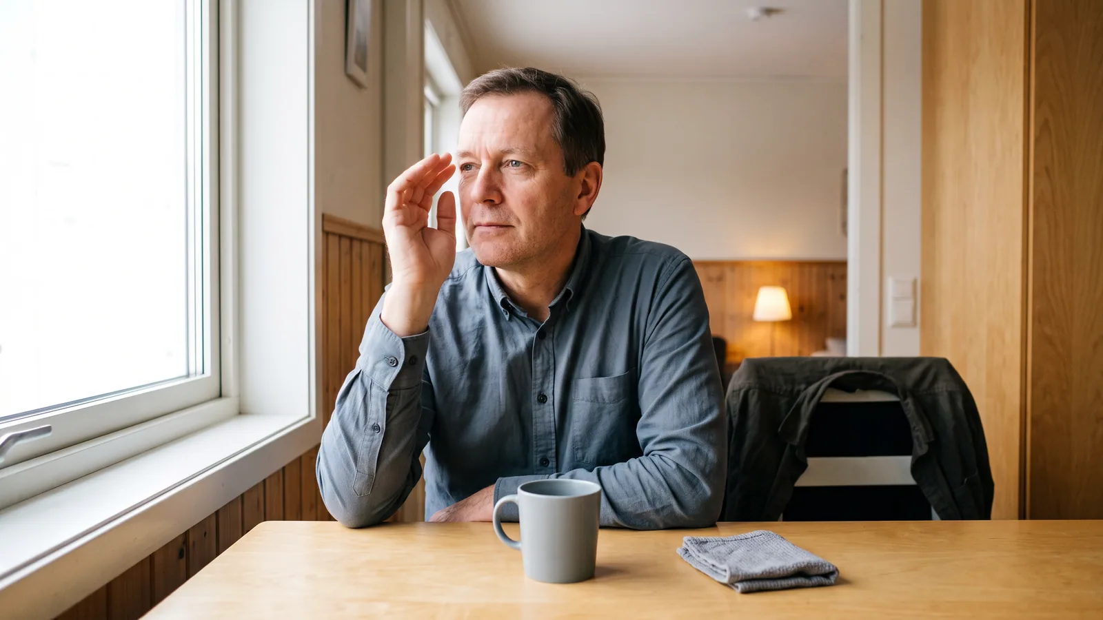 En man i 50-årsåldern står vid ett ljust köksfönster, håller ena ögat slutet och skärmar av dagsljuset med handen