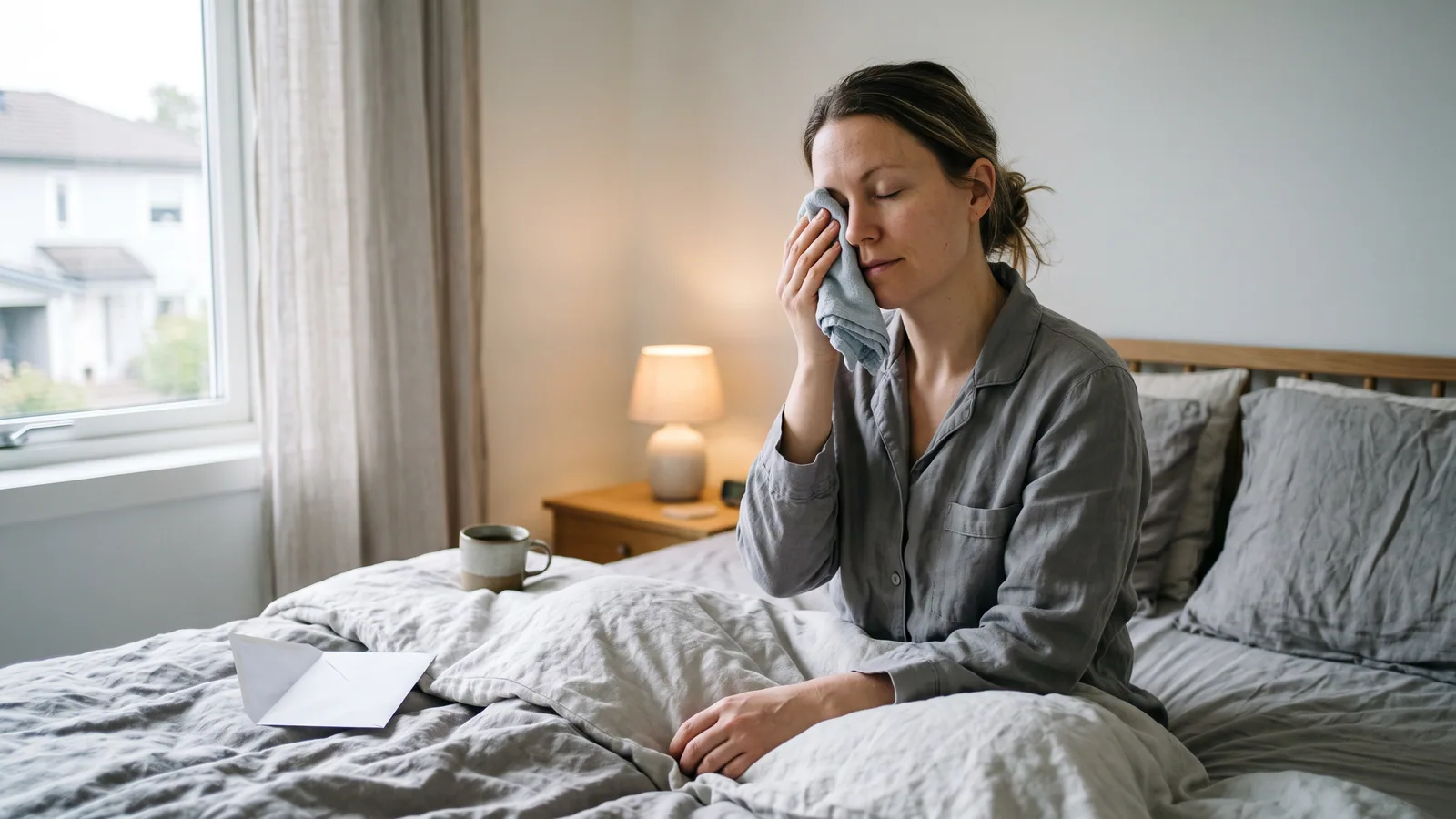 En kvinna sitter på sängkanten i mjukt morgonljus och håller en sval kompress mot ett lätt svullet ögonlock