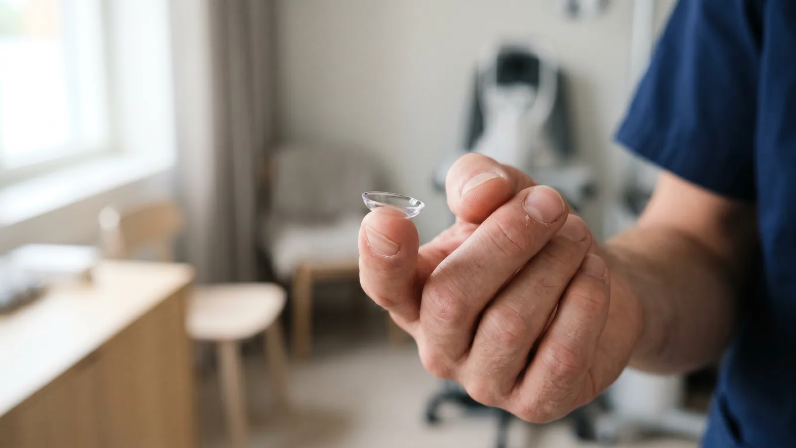Närbild av en styv kontaktlins hållen mellan fingrarna