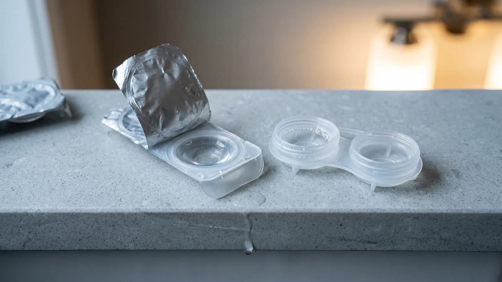 Ett halvöppnat blisterkort med en dagslins och ett öppet linsetui står kvar på en ljus bänkskiva i badrummet
