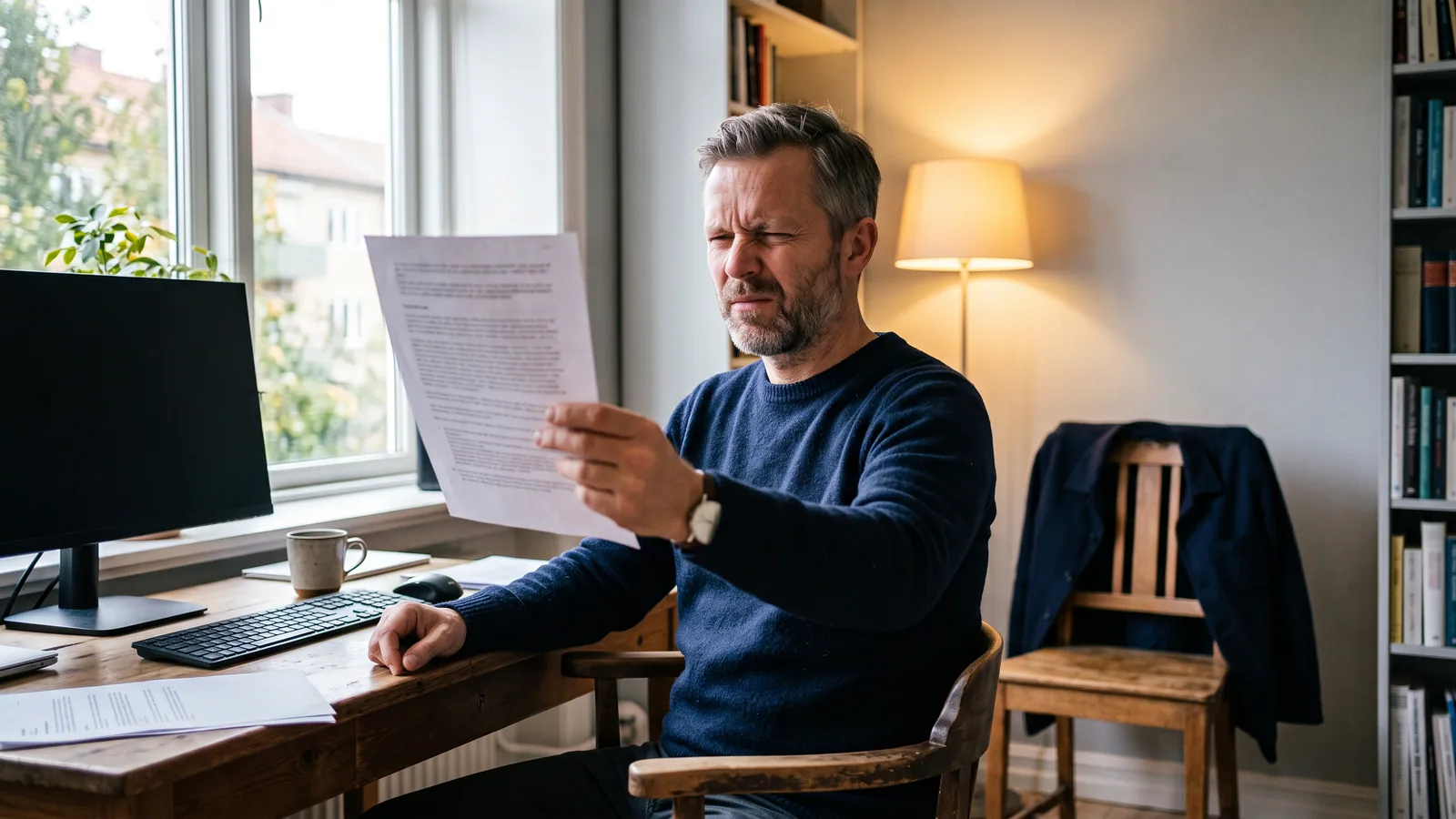 Man håller ett dokument på armlängds avstånd för att läsa