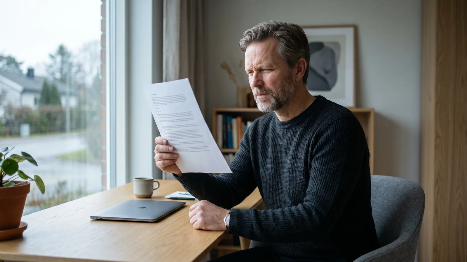 Man håller ett dokument på armlängds avstånd för att läsa