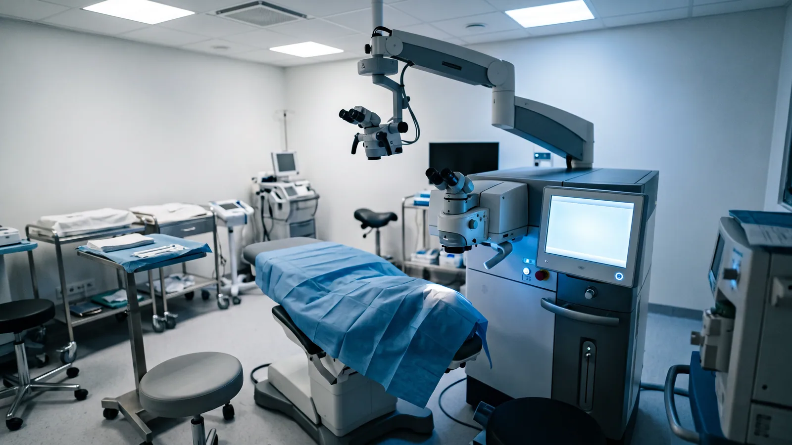 Ett modernt operationsrum för ögonlaser sett ovanifrån, med laserplattform, patientstol och operationsmikroskop redo för behandling.