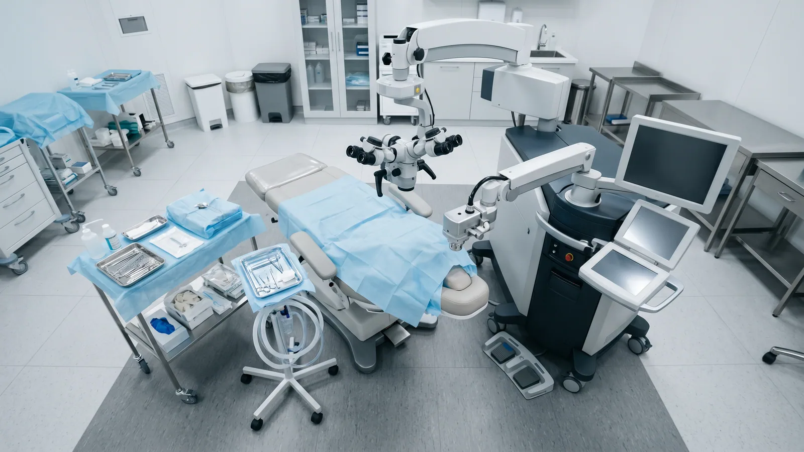 Ett modernt operationsrum för ögonlaser sett ovanifrån, med laserplattform, patientstol och operationsmikroskop redo för behandling.