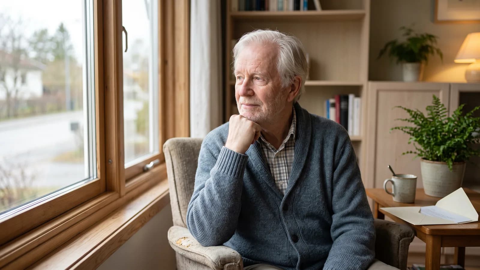En äldre man sitter vid ett fönster och ser eftertänksamt ut i ett lugnt nordiskt vardagsrum med dämpat ljus