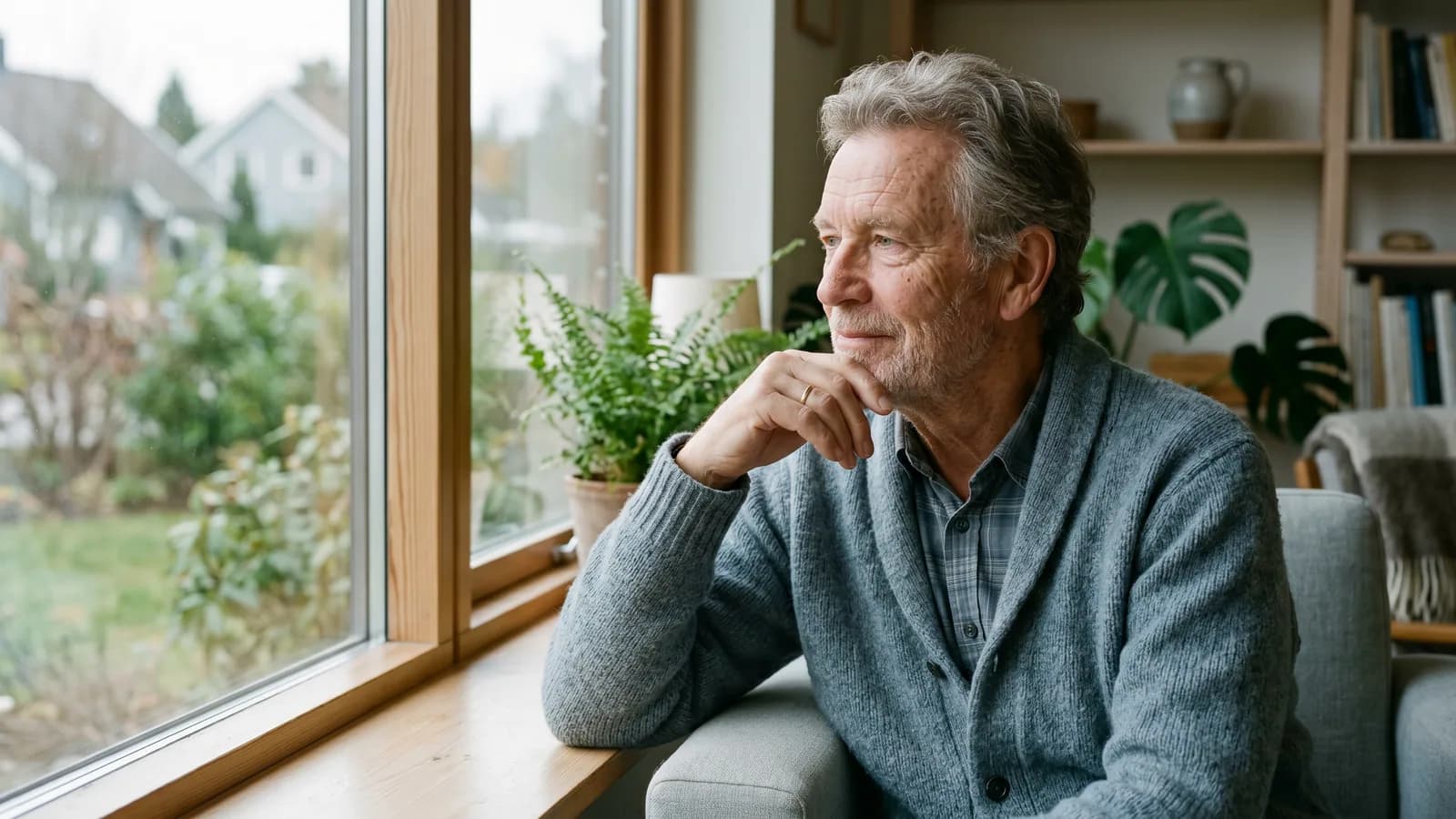 En äldre man sitter vid ett fönster och ser eftertänksamt ut i ett lugnt nordiskt vardagsrum med dämpat ljus
