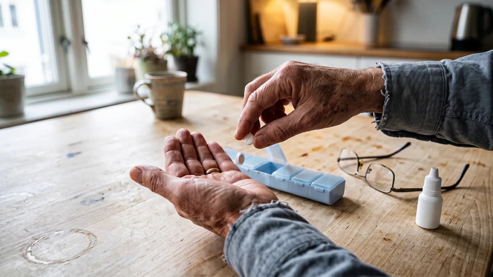 Två händer vid ett köksbord i björk tippar ner en tablett från en veckodosett i handflatan. Bredvid ligger ett par läsglasögon och en liten droppflaska.