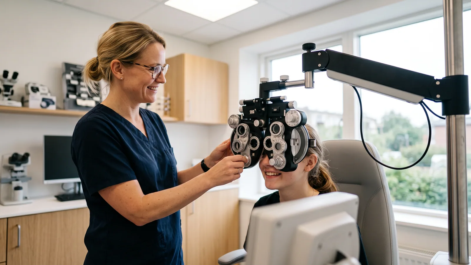 Ung kvinna testar synen med provbåge hos optiker under en synundersökning