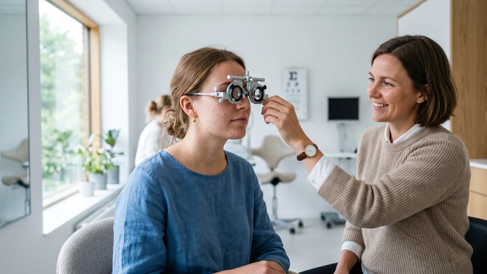 Ung kvinna testar synen med provbåge hos optiker under en synundersökning