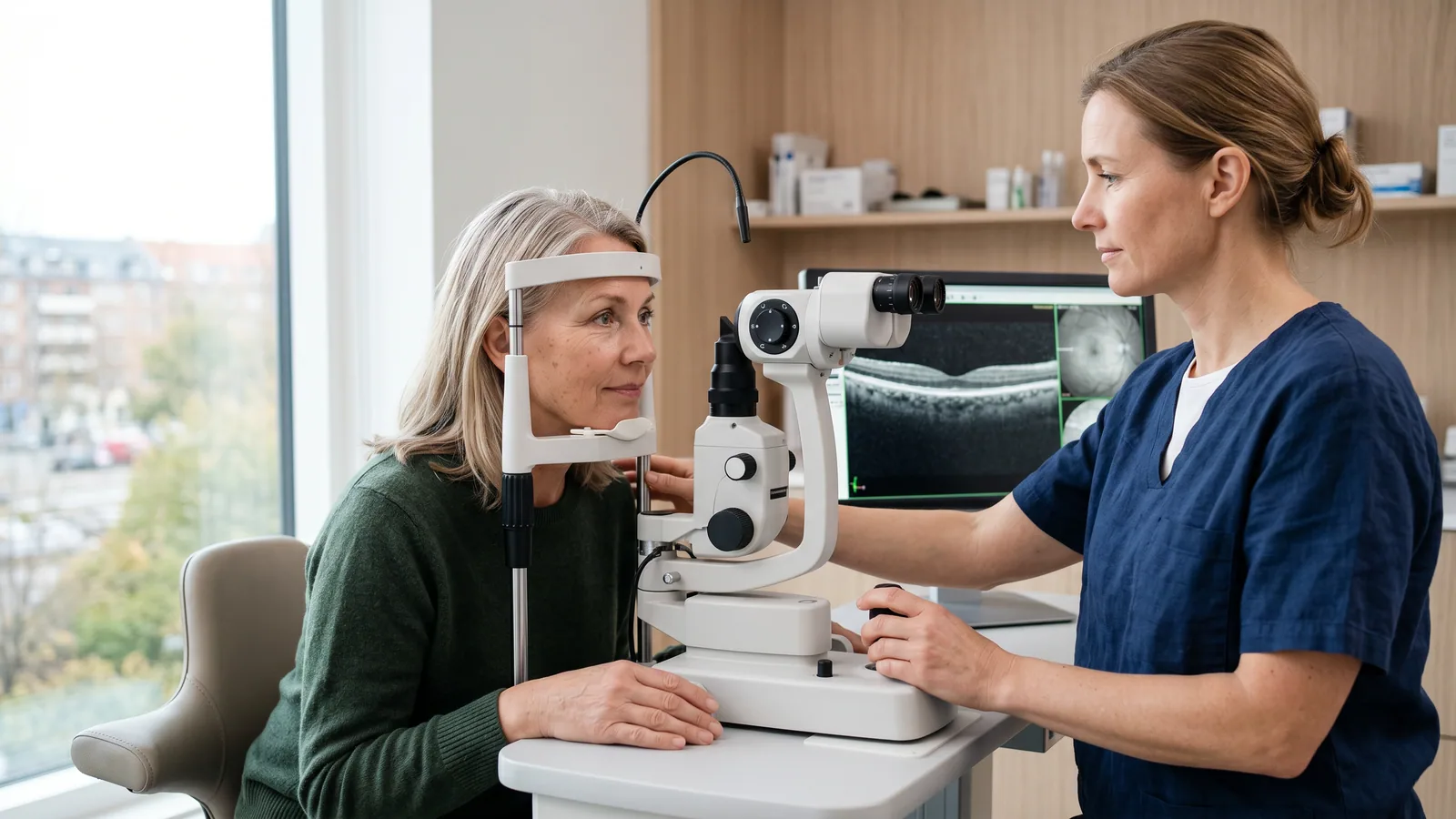 Optiker undersöker en kvinnas näthinna i en spaltlampa på en ljus ögonklinik, med en OCT-bild av näthinnan på skärmen bredvid.
