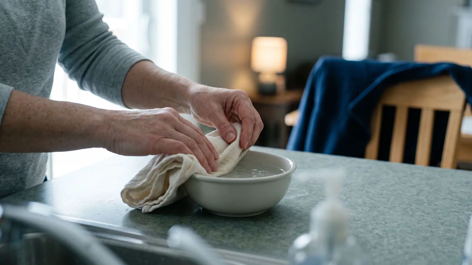 Ett par händer viker försiktigt en ren duk över en skål med vatten vid lockhygien