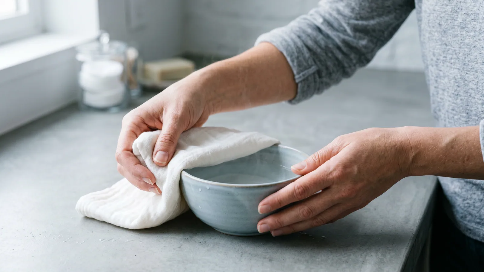 Ett par händer viker försiktigt en ren duk över en skål med vatten vid lockhygien