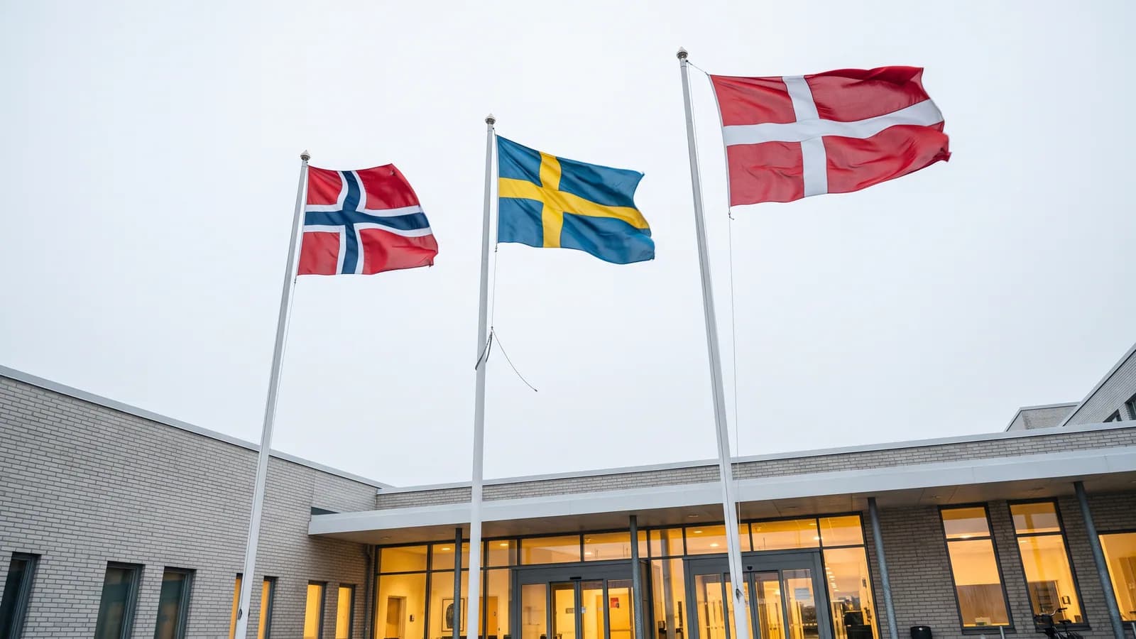 Norska, svenska och danska flaggor på flaggstänger framför ett modernt sjukhus