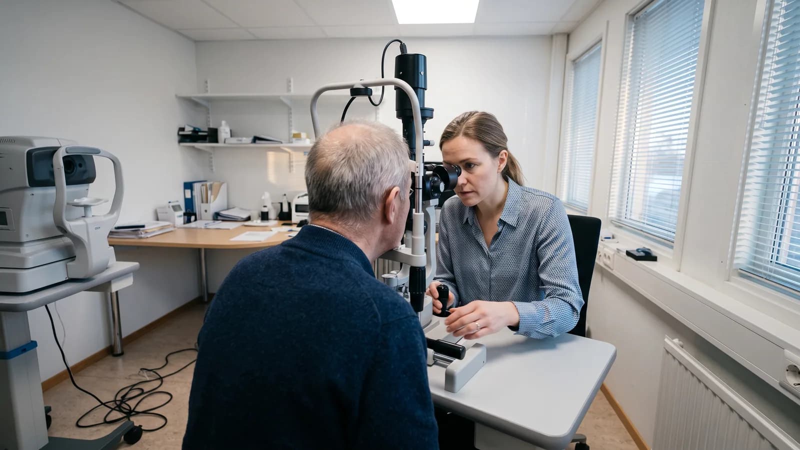 Äldre man sitter med hakan i stödet på en spaltlampa medan en kvinnlig ögonläkare undersöker hans ögon i ett ljust undersökningsrum