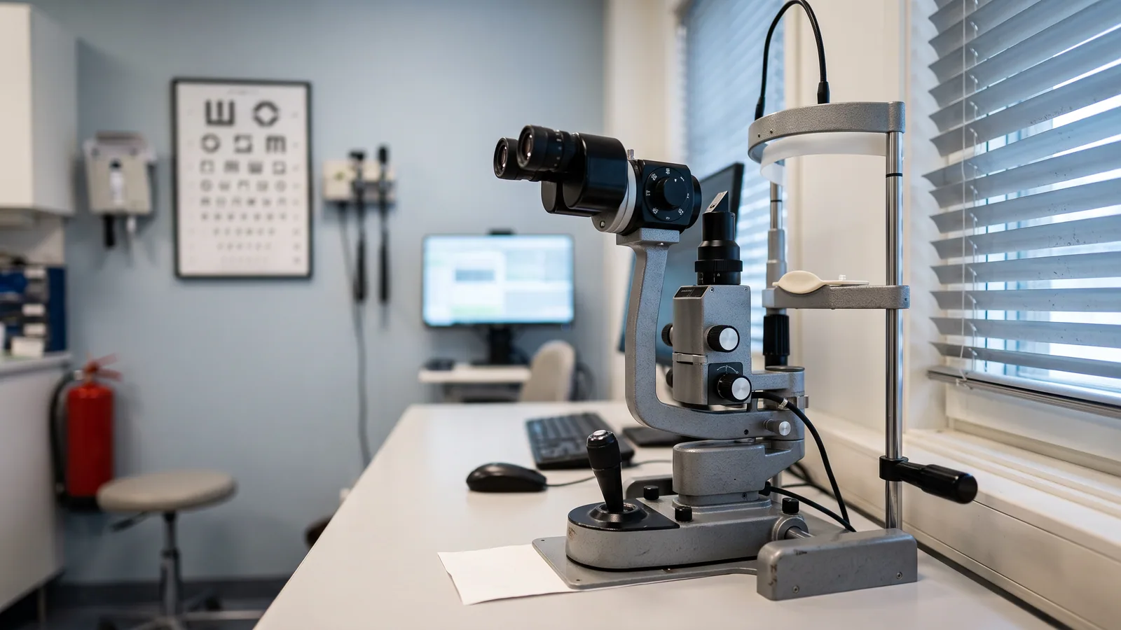 En spaltlampa, ögonläkarens undersökningsinstrument, på ett bord i ett lugnt, tomt undersökningsrum med en syntavla i bakgrunden