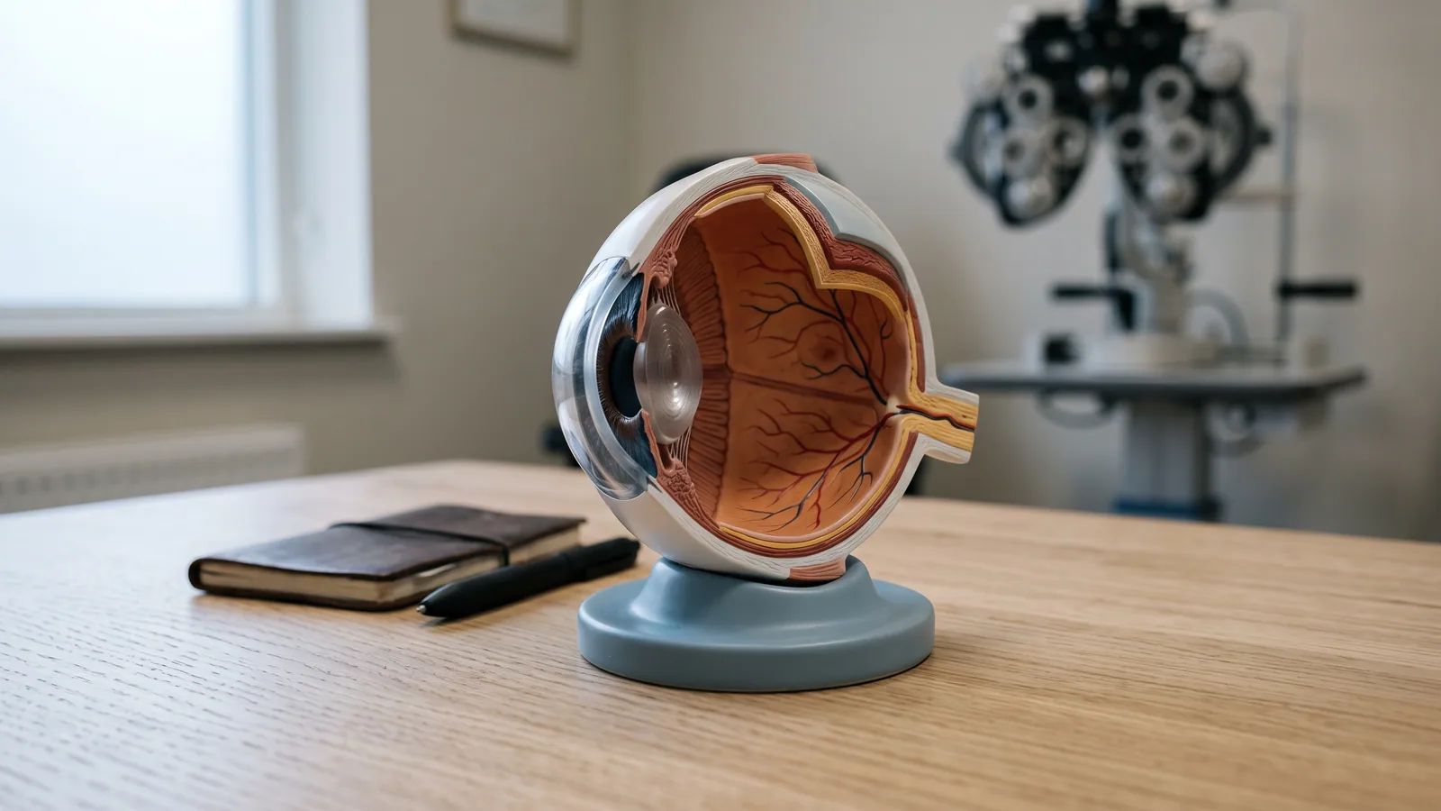 Genomskuren anatomisk modell av ögat på ett ljust träbord, med hornhinna, lins och näthinna synliga, och en foropter suddig i bakgrunden