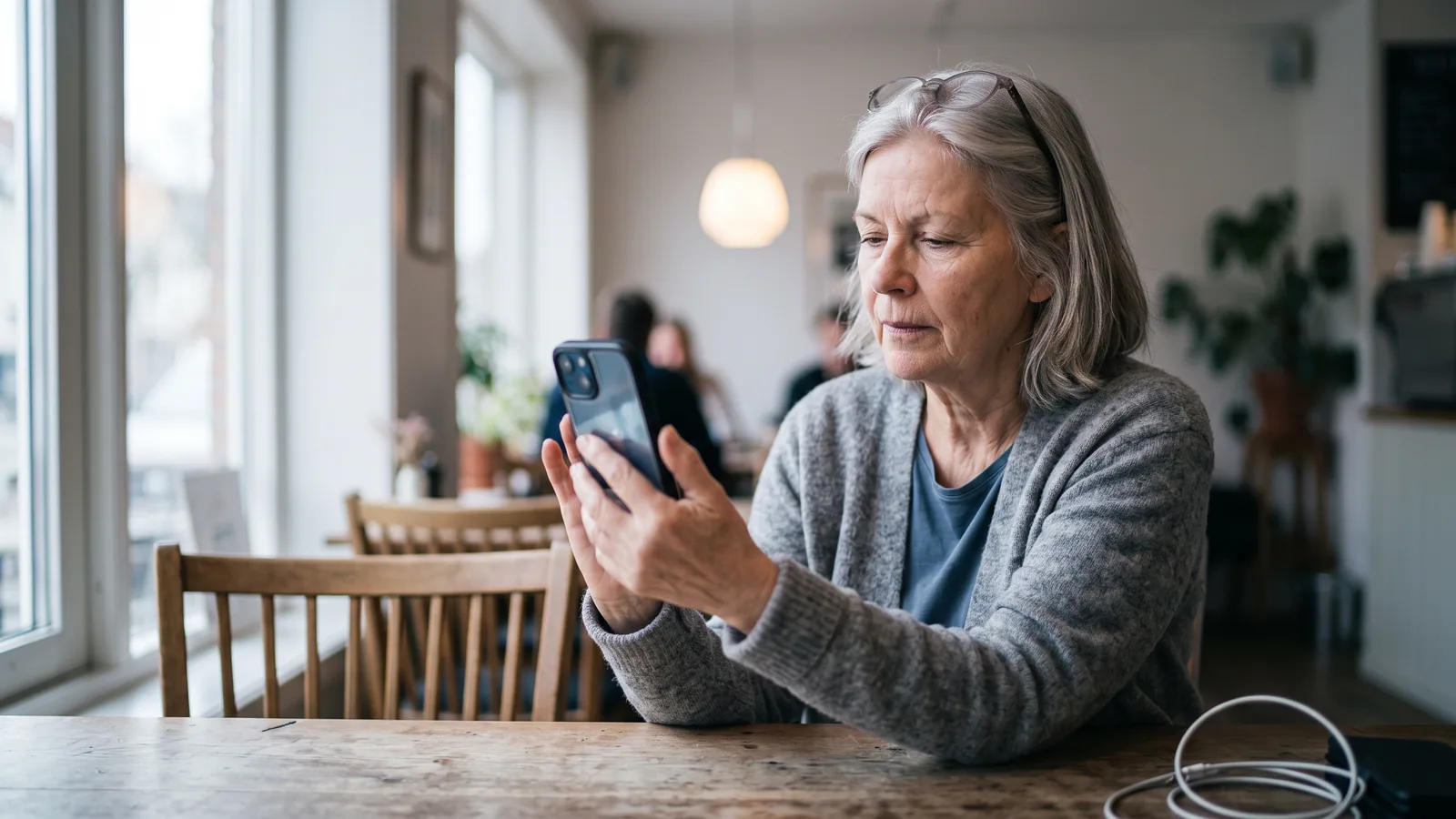 Äldre kvinna håller mobilen på avstånd med läsglasögon i pannan