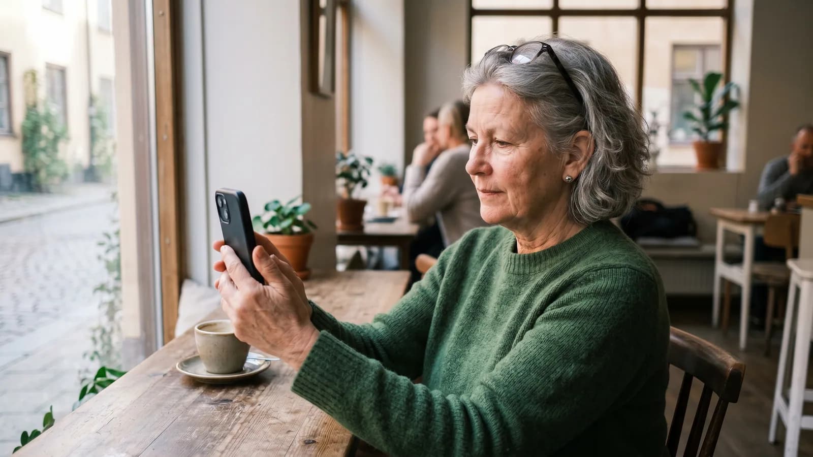 Äldre kvinna håller mobilen på avstånd med läsglasögon i pannan