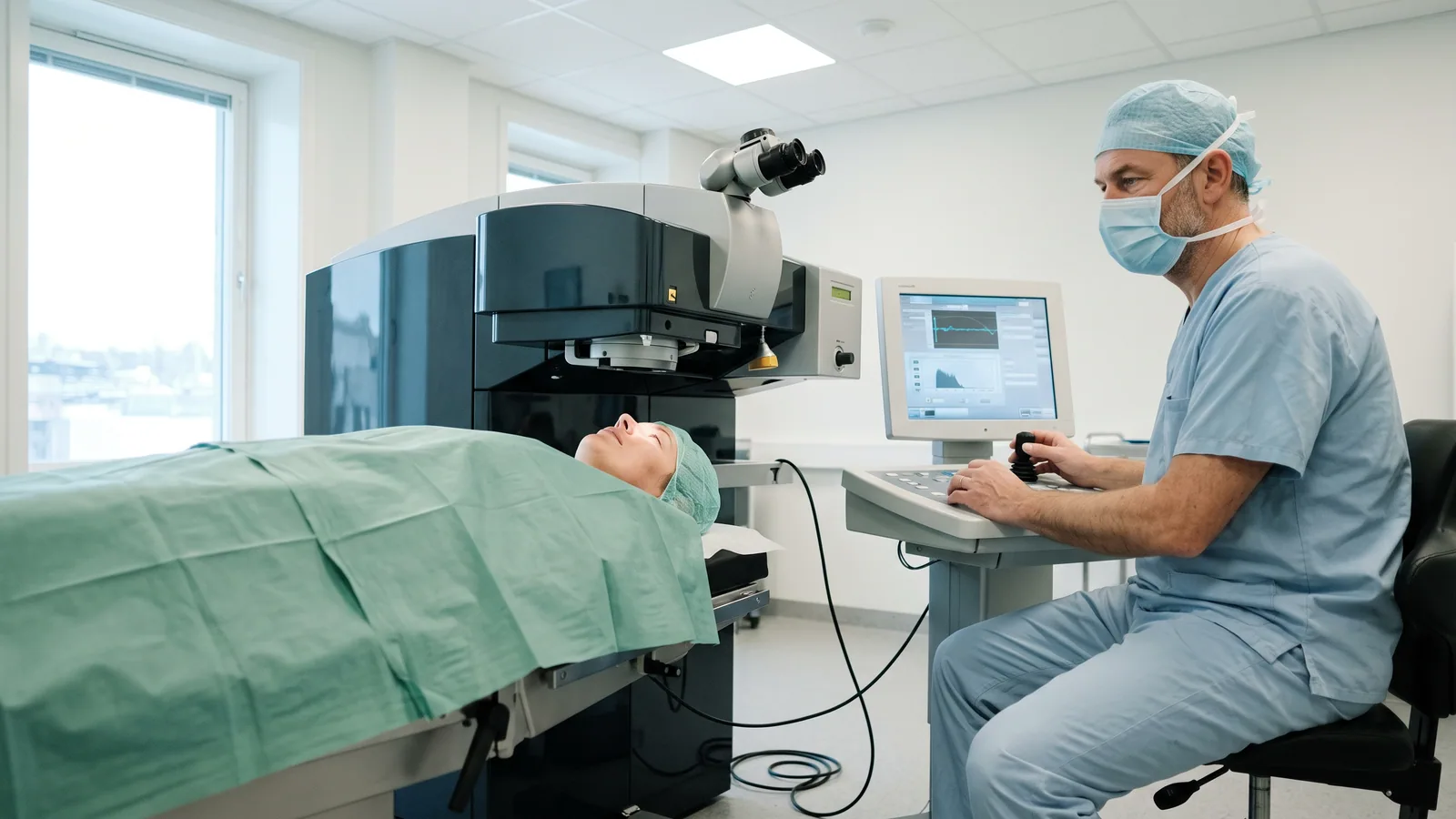 Patient under en excimerlaser vid en PRK-ögonoperation medan en ögonkirurg styr behandlingen i en ljus klinik.
